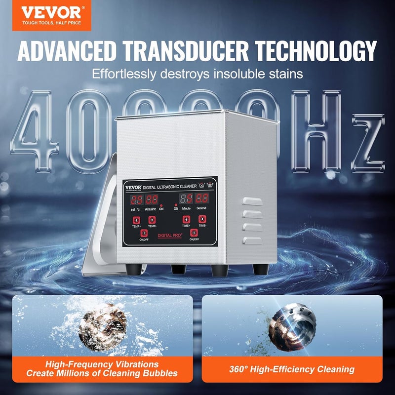 VEVOR جهاز تنظيف بالموجات فوق الصوتية، 1.3 لتر، آلة تنظيف احترافية 60 واط مع مؤقت وسخان، 40 كيلو هرتز جهاز تنظيف أجزاء بالموجات فوق الصوتية مع سلة لنظارات الساعات والمجوهرات والأجزاء الصناعية والأدوات - Image 2